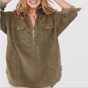 Aerie Offline Corduroy Quarter Zip Shacket Bunker Olive Green Medium